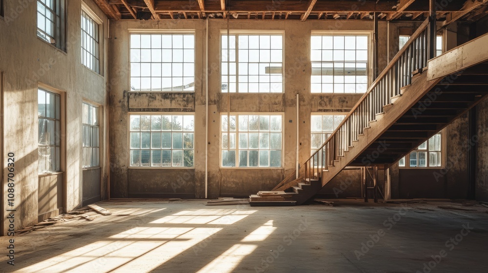 Poster a spacious empty room with several windows and a staircase, under construction, with new windows bei