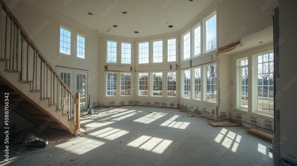 Poster a spacious empty room with several windows and a staircase, under construction, with new windows bei
