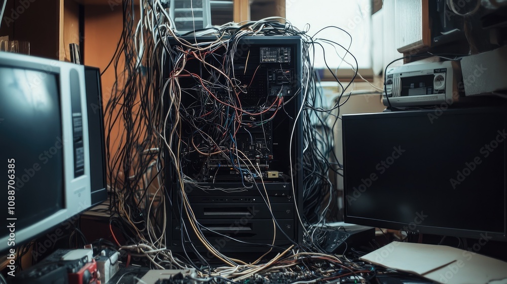 Poster A tangled mess of wires around a malfunctioning computer tower, creating chaos in the workspace, highlighting the dangers of disorganized cables.