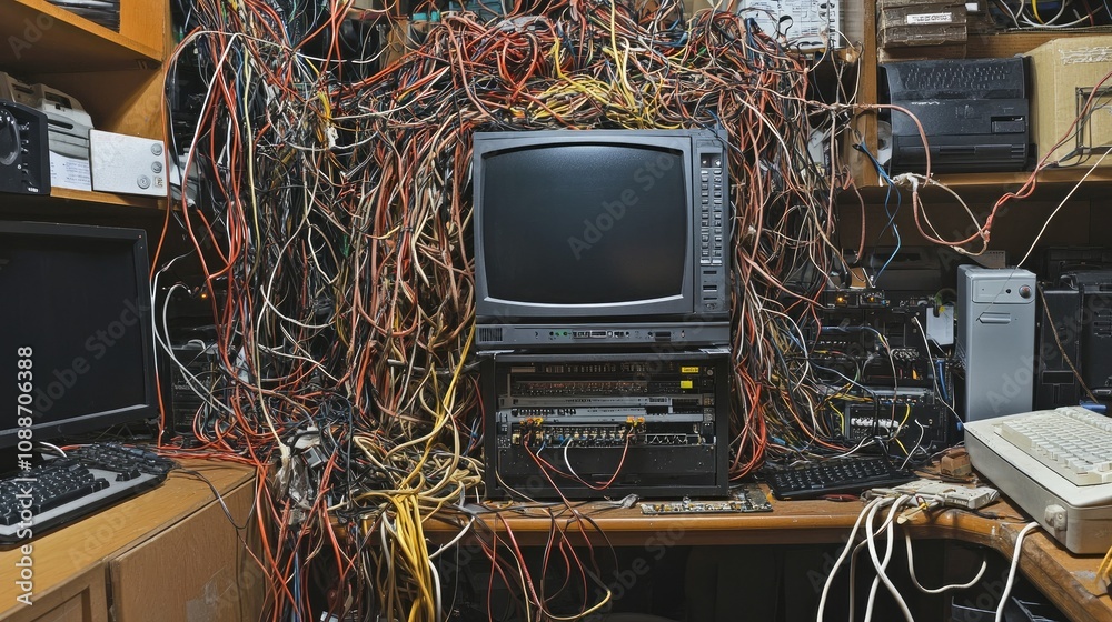 Poster A tangled mess of wires around a malfunctioning computer tower, creating chaos in the workspace, highlighting the dangers of disorganized cables.