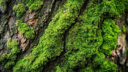 Macro shot of mosscovered bark, bright green texture, earthy tones, natural lighting, high detail