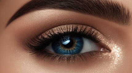 Obraz premium A stunning close-up of a woman's eye with long, voluminous lashes and flawlessly shaped brows, radiating elegance and grace.