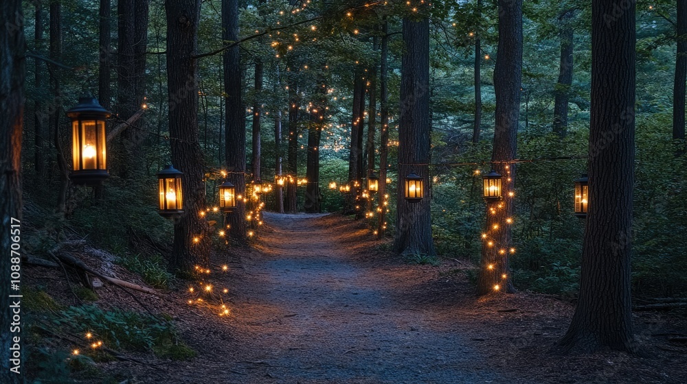 Aufkleber A tranquil forest path illuminated by lanterns, with a sprinkle of sparkling lights adding a mystical feel to the twilight scene.