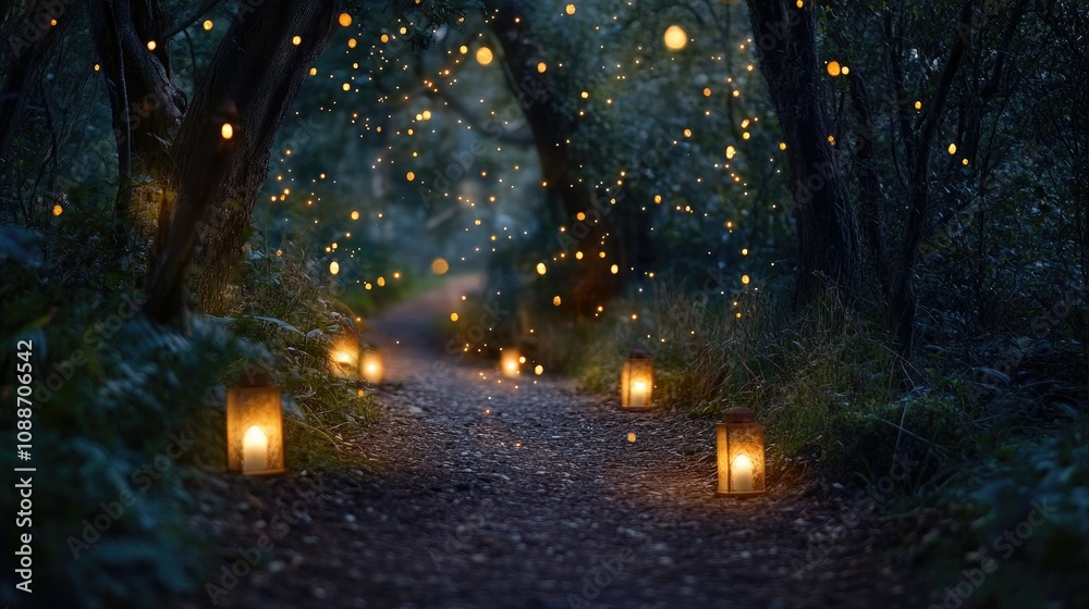Aufkleber A tranquil forest path illuminated by lanterns, with a sprinkle of sparkling lights adding a mystical feel to the twilight scene.