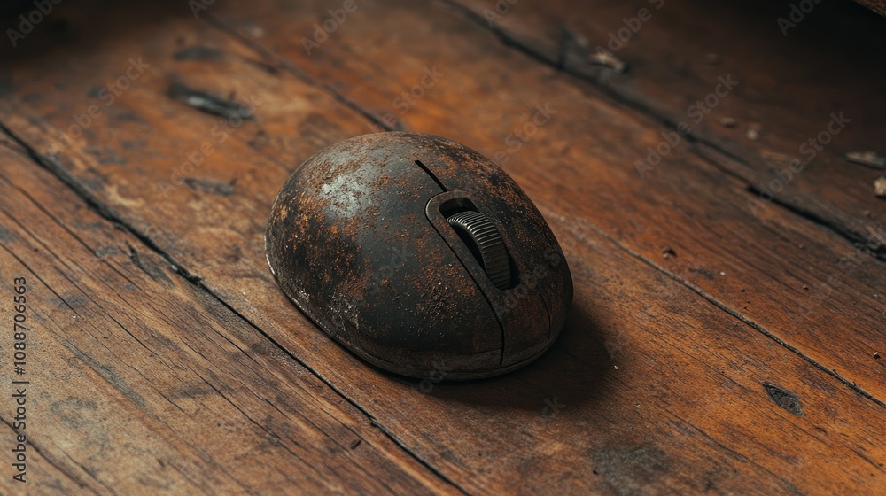 Poster a weathered, old computer mouse with a trackball, placed carelessly on a wooden floor, showing signs