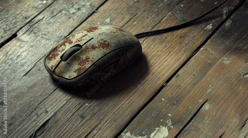 Poster a weathered, old computer mouse with a trackball, placed carelessly on a wooden floor, showing signs