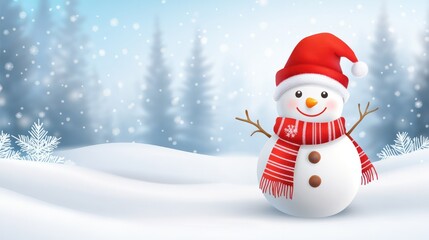 Fototapeta premium Merry christmas and happy new year greeting card with copy-space.Happy snowman standing in winter landscape.Snow background