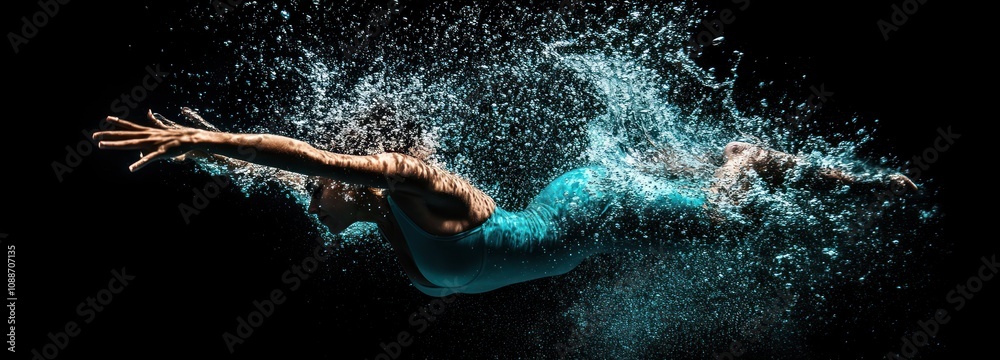Poster a swimmer diving through water, creating dynamic splashes in a dramatic, high-contrast setting.