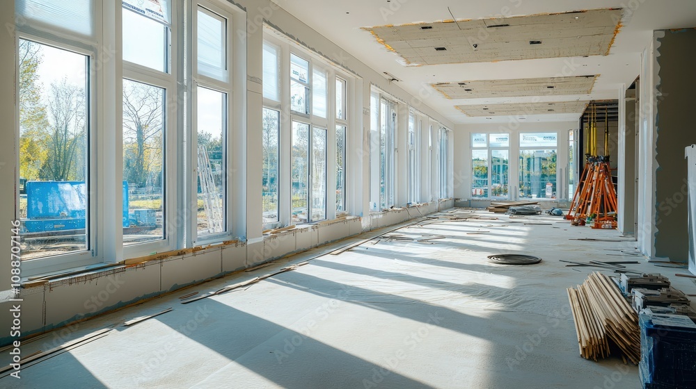 Aufkleber A wide empty room with numerous windows, where windows are being installed on each floor, showcasing the construction phase of a building.