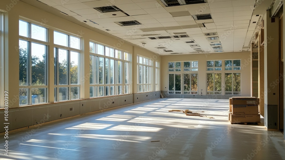 Aufkleber a wide empty room with numerous windows, where windows are being installed on each floor, showcasing
