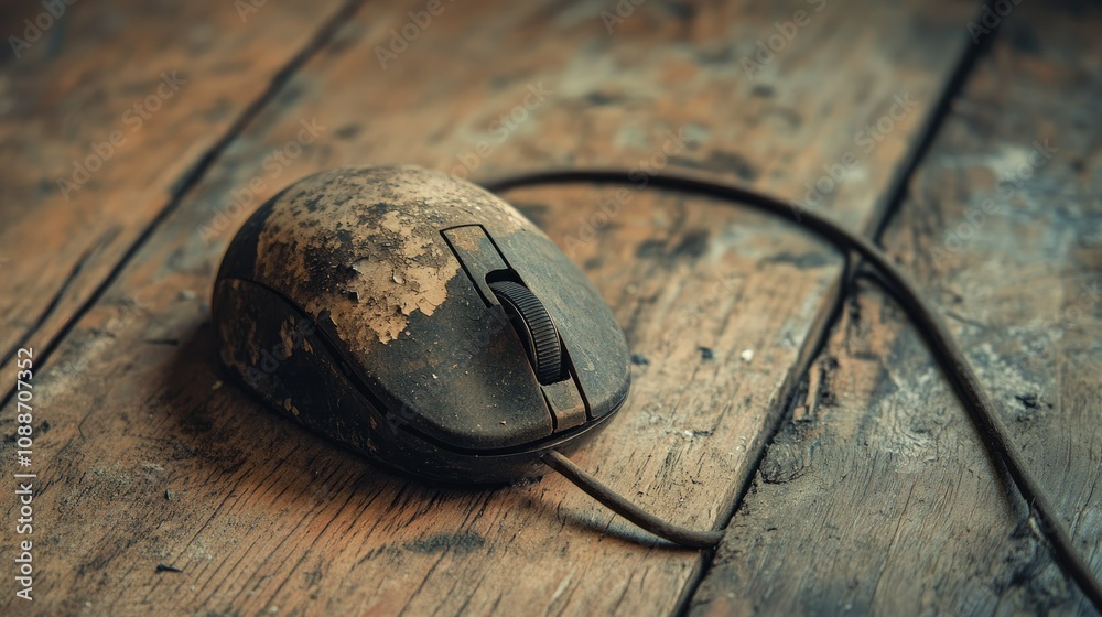 Poster A worn-out computer mouse with a trackball resting on a rustic wooden floor, showing signs of use and age in a vintage-style workspace.