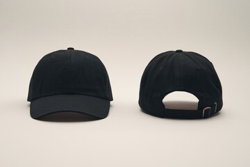 Black Baseball Cap Mockup:  A clean and minimalist mockup showcasing a black baseball cap from both the front and back. Perfect for showcasing your brand or design.  