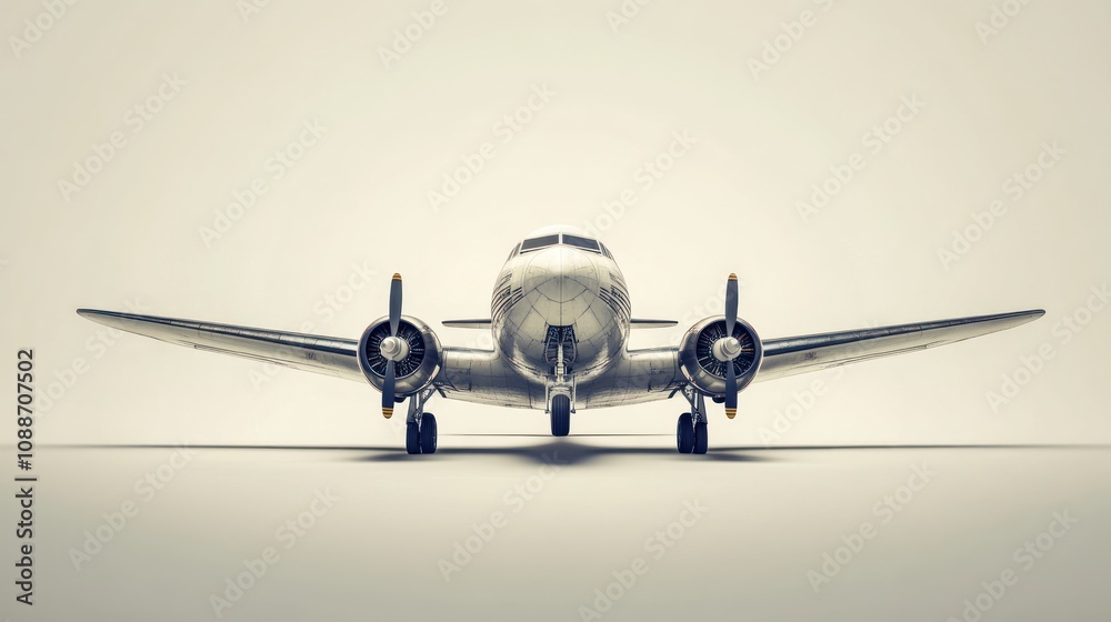 Poster a vintage aircraft displayed from the front, showcasing its design and engineering.