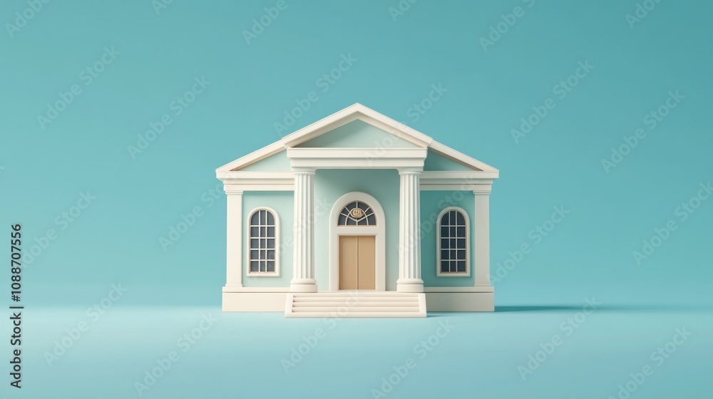 Poster A minimalist illustration of a classical building with columns and windows.