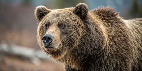 Fototapeta premium Close-up of a grizzly brown bears face with rough fur and piercing eyes set against a blurred wilderness background, rugged, nature, fauna, grizzly bear