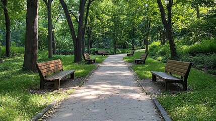 Fototapeta premium Relaxing walkway surrounded by lush trees urban park nature scene