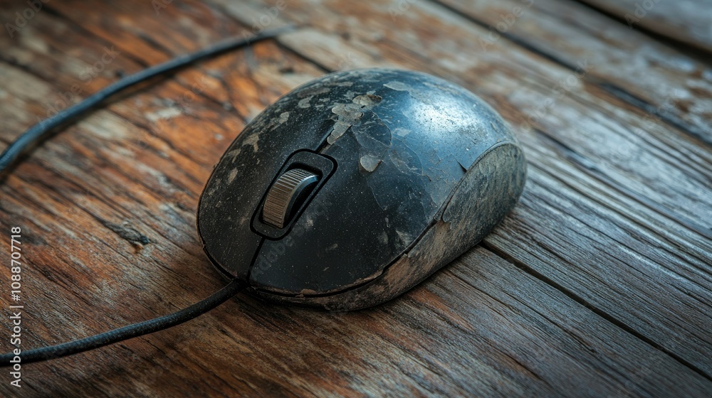 Poster an aged computer mouse with a trackball sitting on a rough wooden floor, representing the wear and t