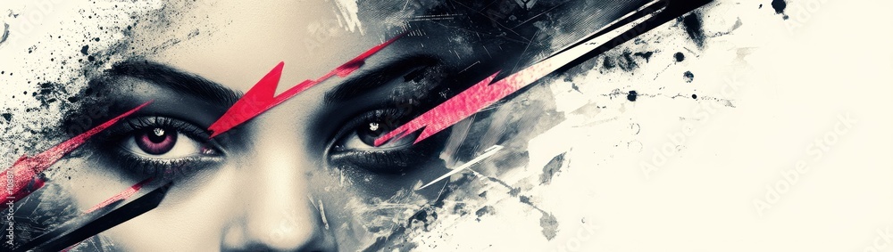 Poster a stylized portrait featuring striking eyes and abstract elements, emphasizing emotion and artistry.