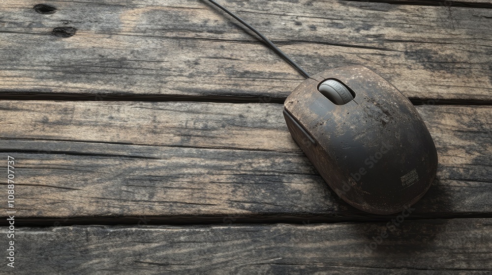 Poster an aged computer mouse with a trackball sitting on a rough wooden floor, representing the wear and t