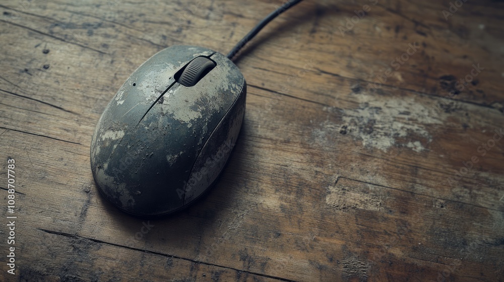 Poster an aged computer mouse with a trackball sitting on a rough wooden floor, representing the wear and t