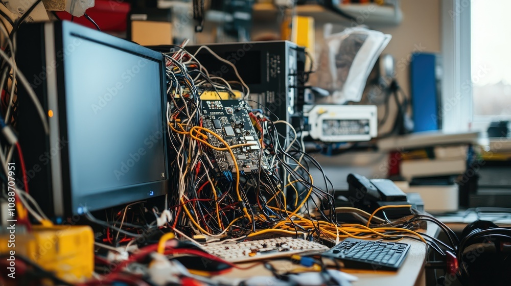 Aufkleber Close-up of a mess of tangled wires and a malfunctioning computer, illustrating the complexity and frustration of disorganized tech setups.