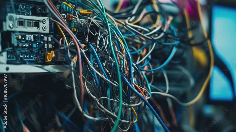 Poster Close-up of a mess of tangled wires and a malfunctioning computer, illustrating the complexity and frustration of disorganized tech setups.