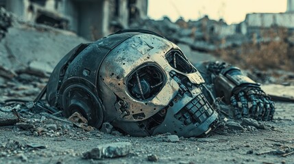 A close-up of a robot lying in ruins, symbolizing the downfall of technology in an apocalypse