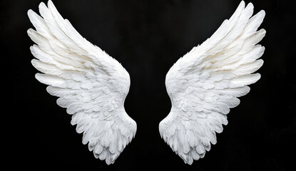 pair of elegant white angel wings against dark background, symbolizing freedom and spirituality. intricate details of feathers create stunning visual impact