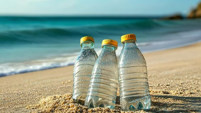 Clear plastic water bottles rest partially buried in light brown sand