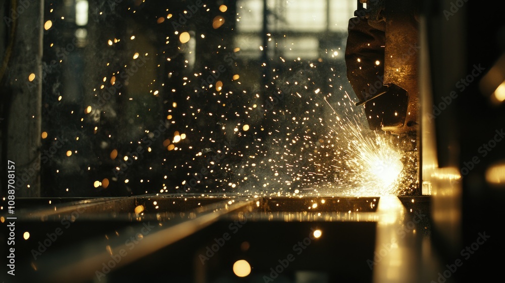 Poster close-up of a welder working on metal frames, with bright sparks flying, capturing the intensity of 