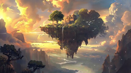 A fantasy landscape with a floating island and a waterfall.