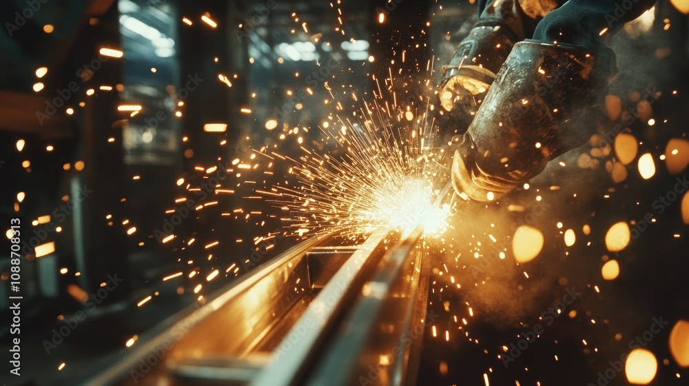 Poster close-up of a welder working on metal frames, with bright sparks flying, capturing the intensity of 