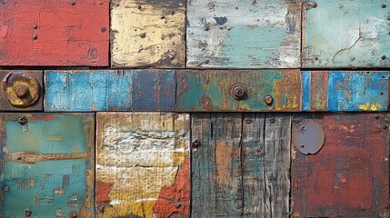 Close-up of an old, weathered wooden panel, with intricate textures, varying colors, and a timeless, rustic appearance that evokes vintage charm.
