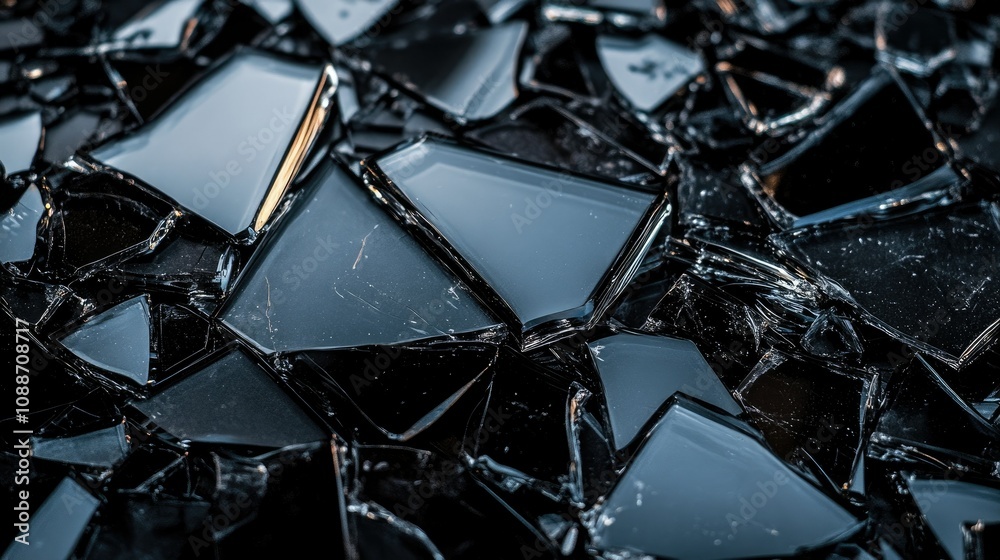 Poster close-up of shattered black glass pieces against a dark background, with sharp edges and reflective 