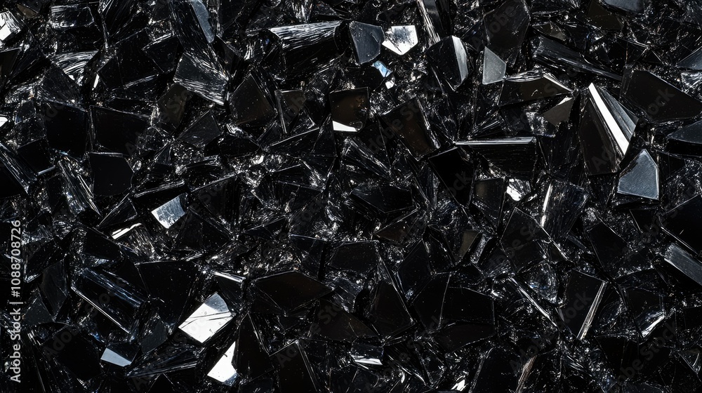 Poster close-up of shattered black glass pieces against a dark background, with sharp edges and reflective 