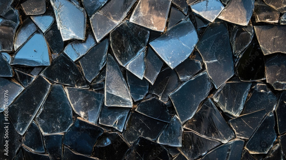 Poster close-up of shattered black glass pieces against a dark background, with sharp edges and reflective 