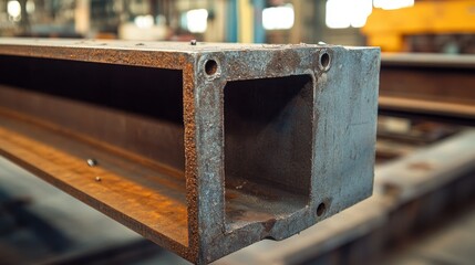 Close-up of welded metal beams showcasing intricate seams and mechanical detail, radiating industrial aesthetics in a workshop setting.