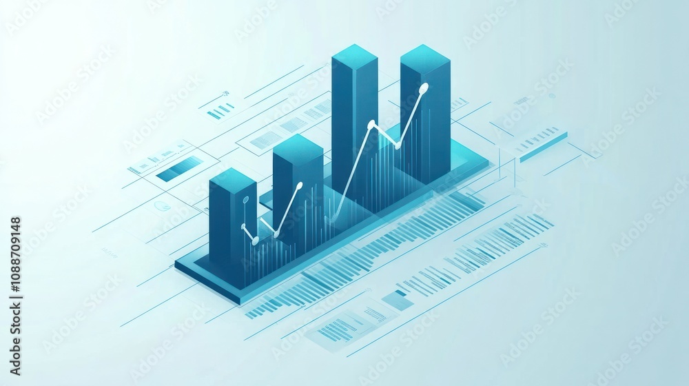 Poster a digital illustration of bar graphs and data trends on a sleek background.