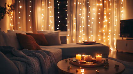 A comfortable living room adorned with string lights, candles, and a table set with festive treats for a celebration 