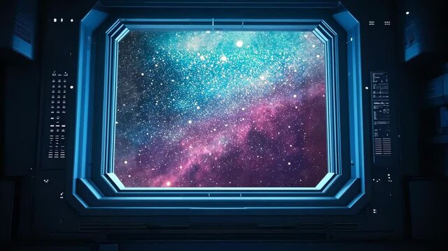 The image shows a large, rectangular window on a spaceship, providing a stunning view of outer space