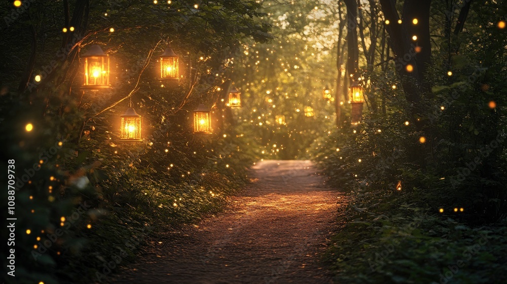 Poster Enchanted forest pathway lit by glowing lanterns and sparkling lights, casting a soft glow in the twilight hours.