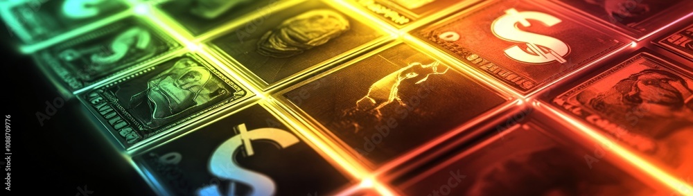 Poster a colorful grid of dollar bills showcasing various designs and symbols of wealth.