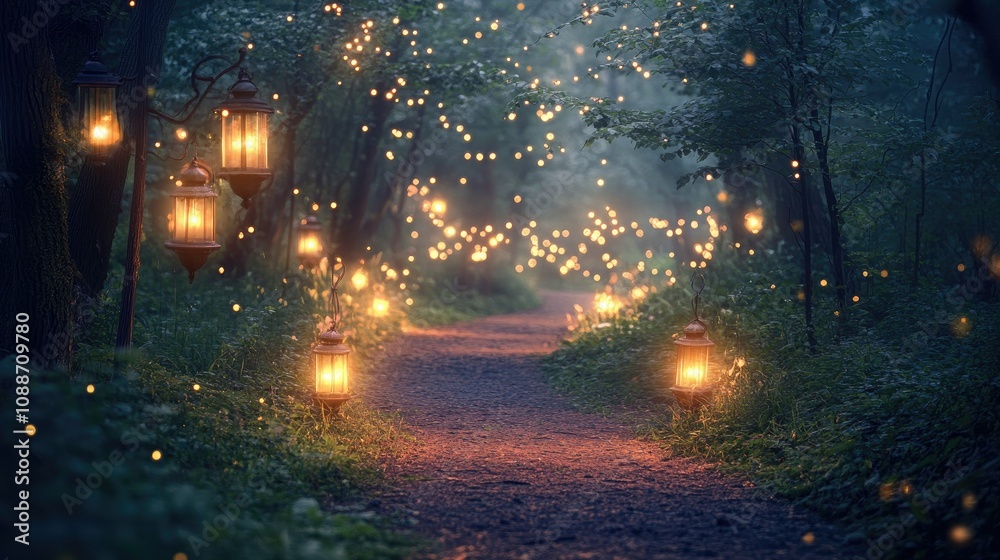 Poster Enchanted forest pathway lit by glowing lanterns and sparkling lights, casting a soft glow in the twilight hours.
