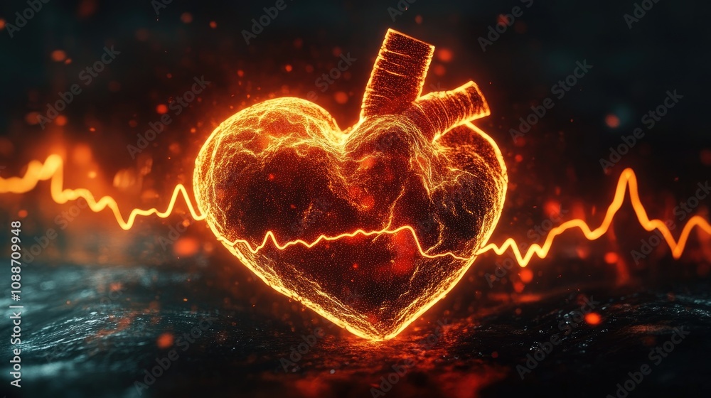 Poster glowing heart with an ecg rhythmically pulsing, capturing the energy of life and vitality in a dark,