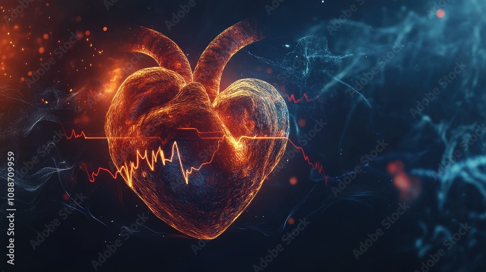 Poster glowing heart with an ecg rhythmically pulsing, capturing the energy of life and vitality in a dark,