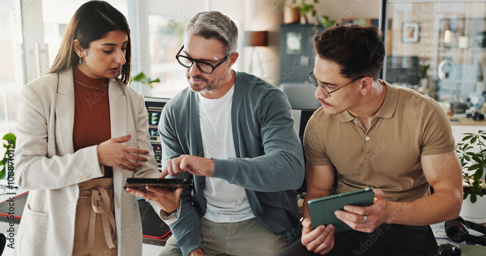 Aufkleber Programmers, people and tablet in office for help, advice and problem solving in code. Programming team, tech and man pointing in agency with collaboration, project management or software development