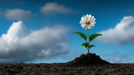 A single flower blooming in a barren, dry land, symbolizing the resilience needed to achieve dreams despite harsh conditions, with clouds parting and sunlight shining directly on the flower, 