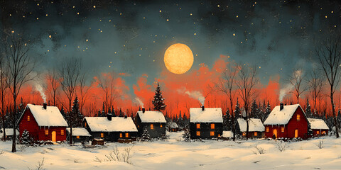A serene winter village scene with cozy homes, smoke rising from chimneys, and a bright full moon illuminating the snowy landscape.
