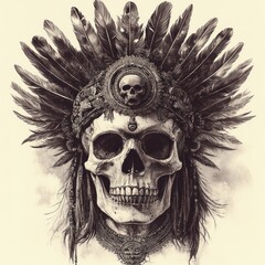 Obraz premium A detailed skull adorned with feathers and a decorative headdress, symbolizing culture and death.
