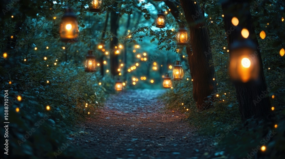 Poster Twilight forest path illuminated by lanterns, with sparkling lights adding a touch of magic and wonder to the scene.